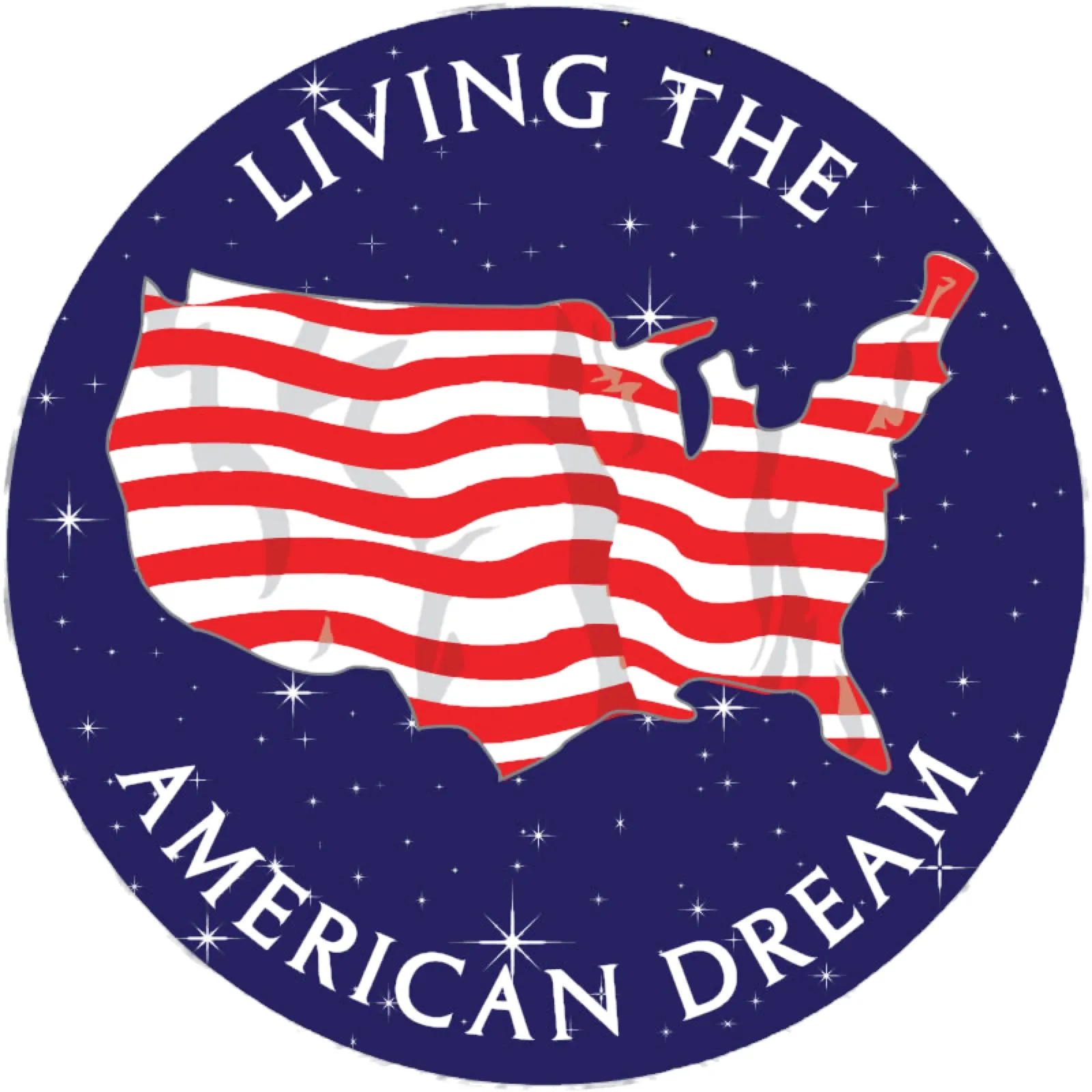 Distintivo circolare con la scritta LIVING THE AMERICAN DREAM attorno al profilo degli Stati Uniti