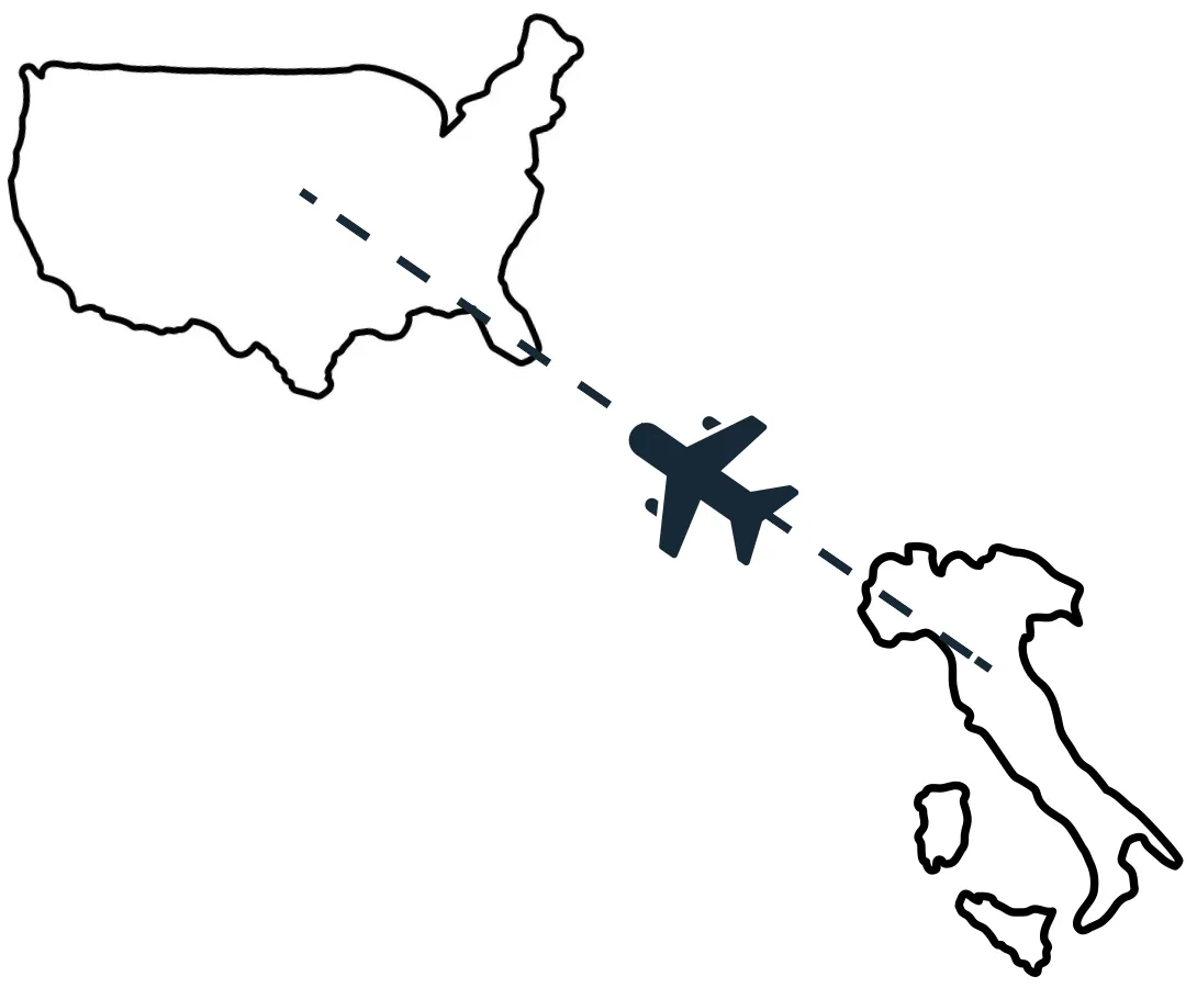 Il profilo degli Stati Uniti e dell'Italia collegati da un aeroplano